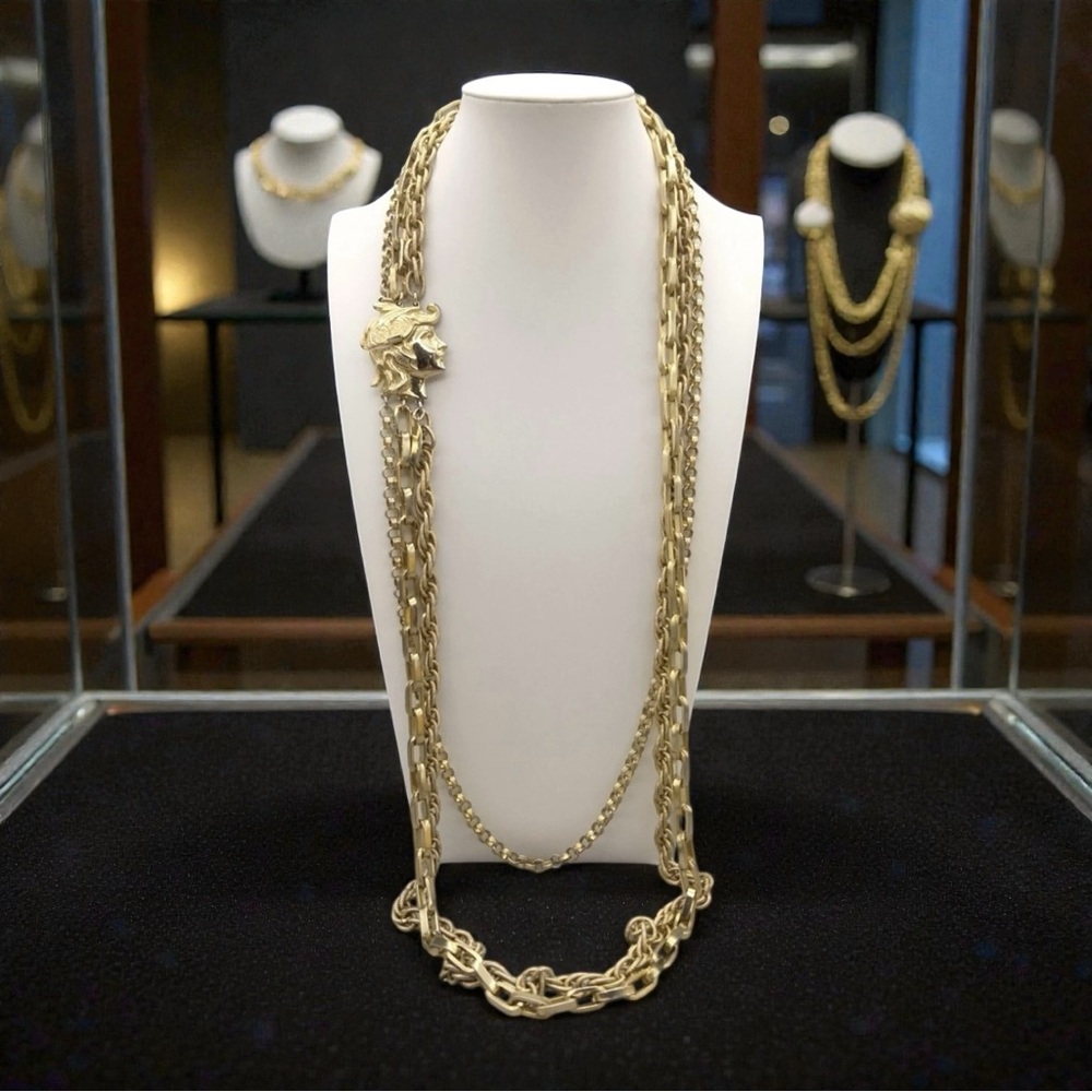 LUCIEN PICCARD Vintage Gold-Tone Layered Chain Necklace w/Ornate Clasp